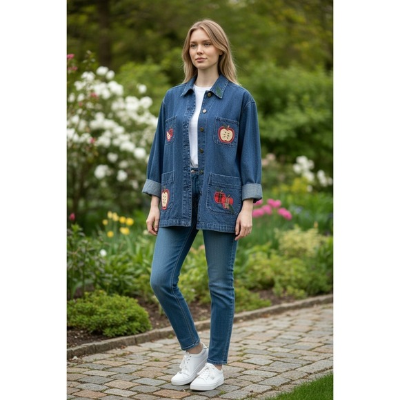 Vtg Mandal Bay Denim Jean Chore Barn Jacket Embroidered Apple Size XL - Picture 2 of 6